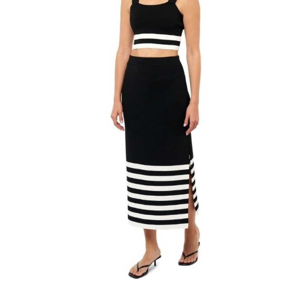 Edited by Remi Bader Black White Striped Knit Midi Skirt Side Slit New $99